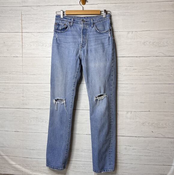 Levi's Denim - Levis Jeans Womens Size W28XL32 Light Wash Button Fly Distressed Straight Leg